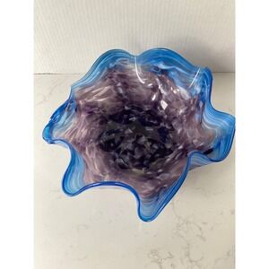 Blue and Purple Ruffled Handblown Art Glass Centerpiece Bowl 9.5" Coffee Tablr